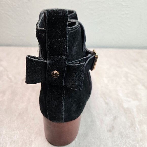 Kate Spade Moto Ankle Boots 8 Black Suede Low Block Heel Dressy Chic Bow Booties - Picture 10 of 13
